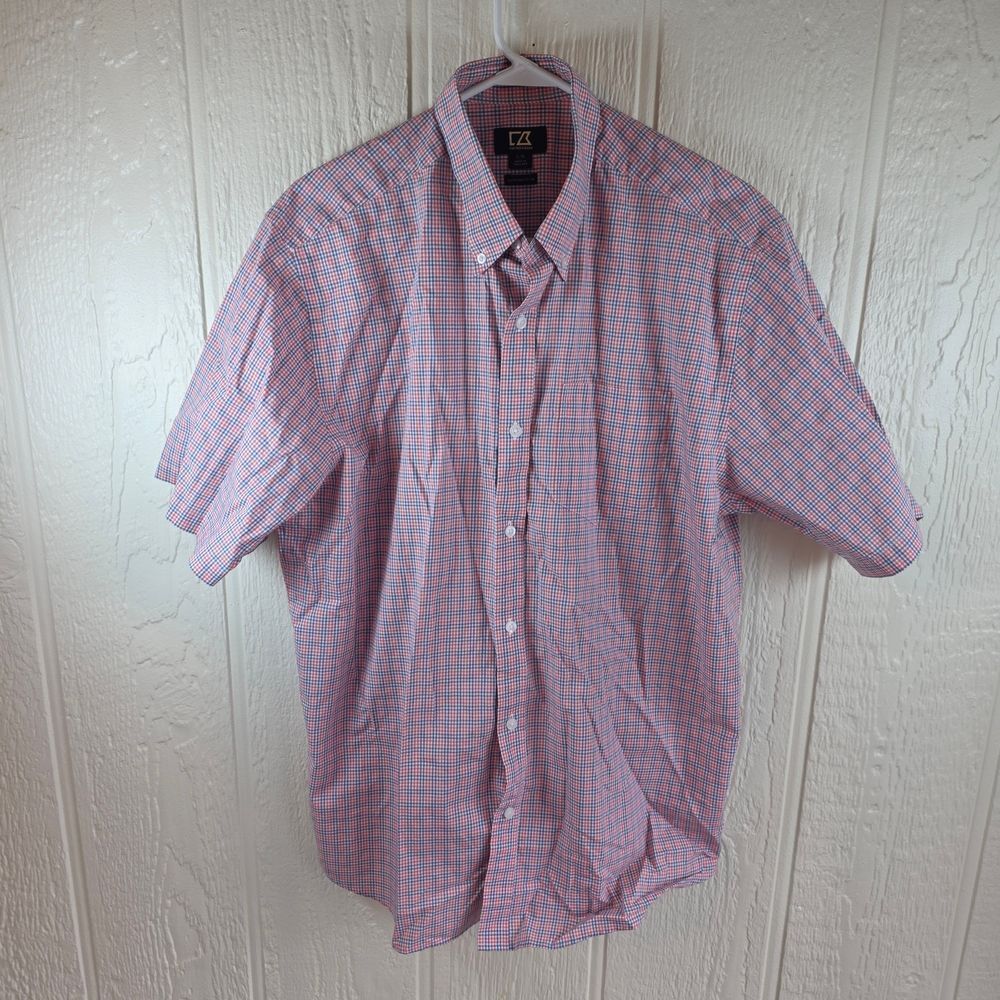 Cutter & Buck Men's Casual Pink and Blue Plaid Shirt, Size Large